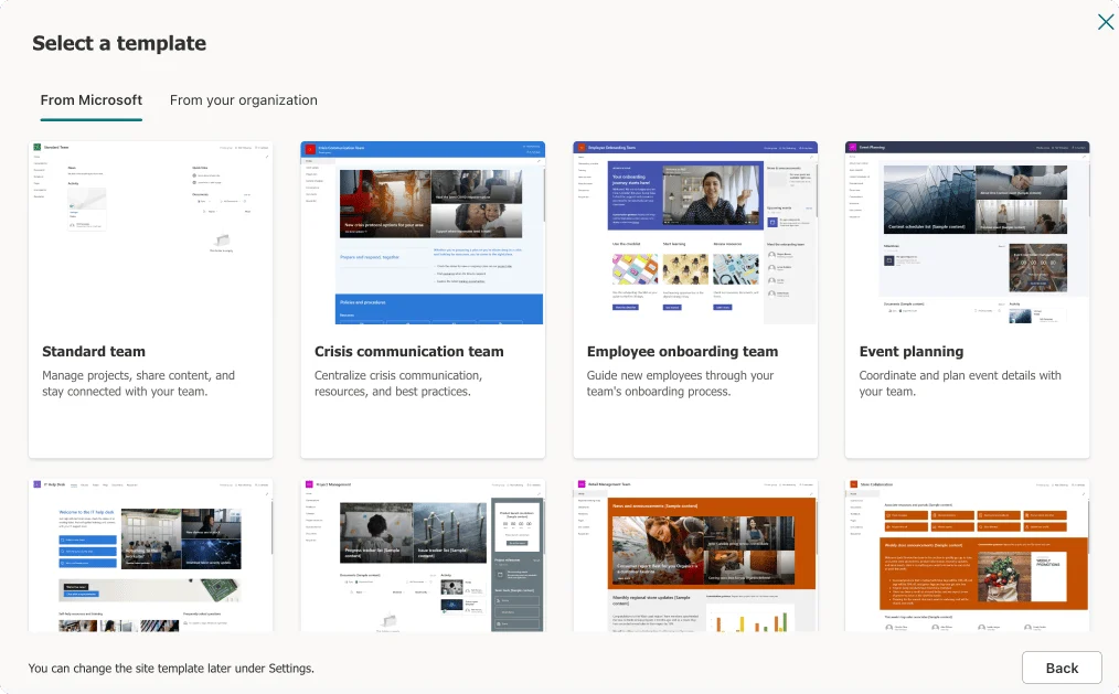 SharePoint Team Site template selection screen