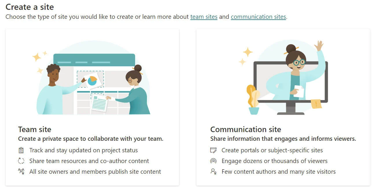 Choosing between Team and Communication site