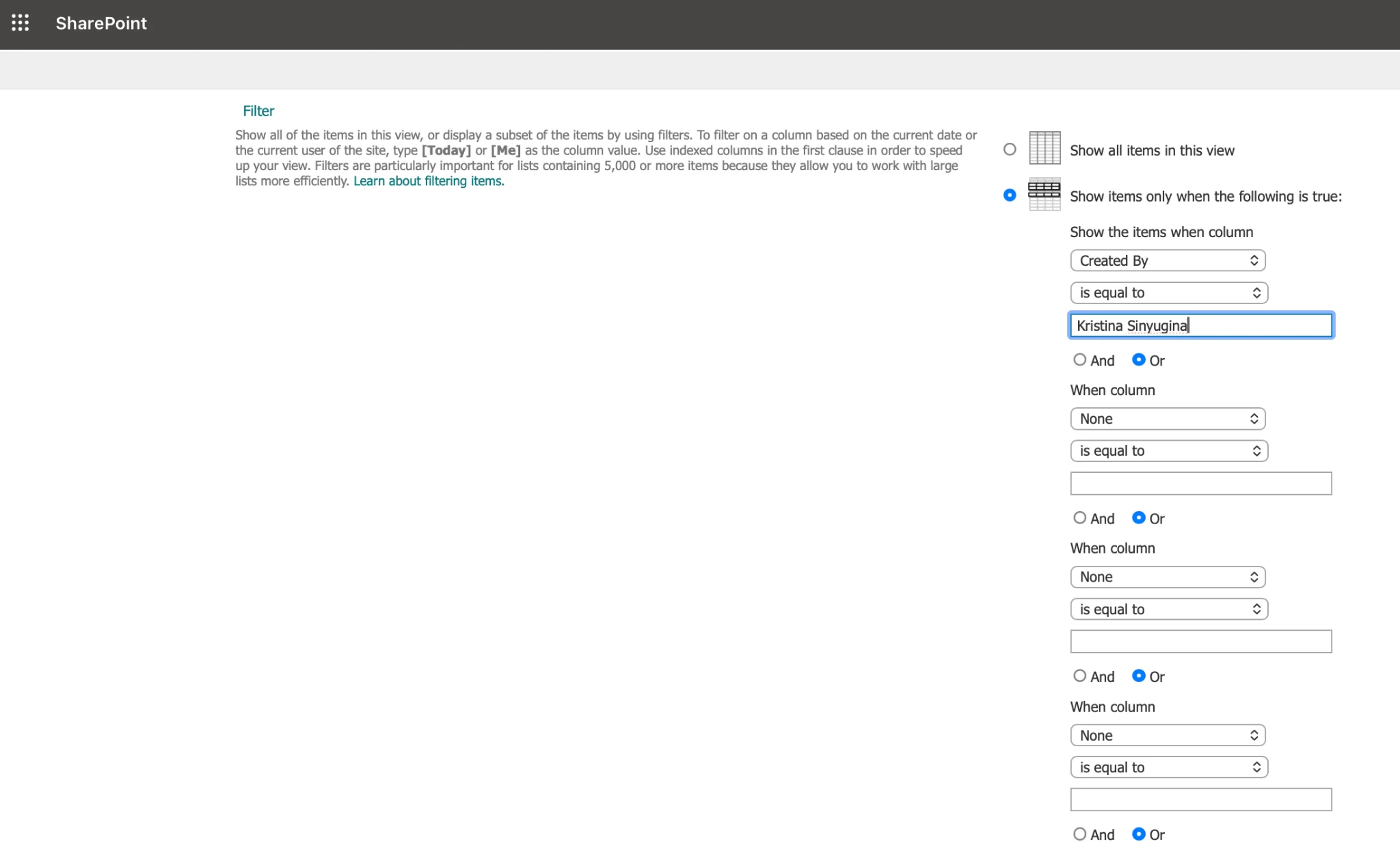 SharePoint view filter conditional column settings