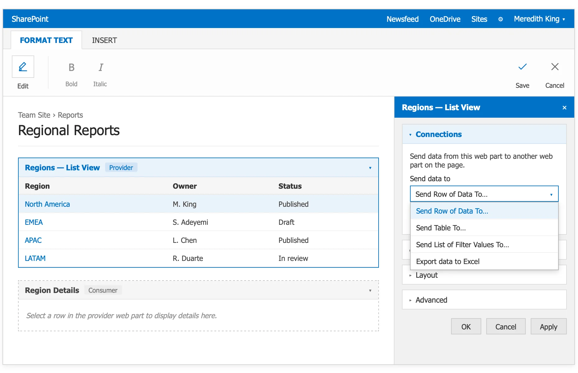Open the properties pane to configure the data source