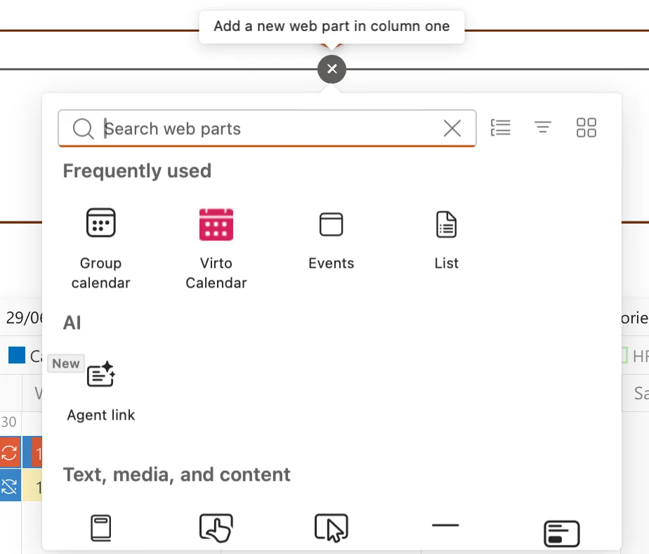 Select the plus button to open the web part toolbox