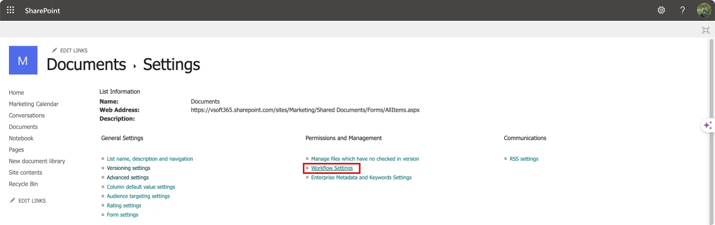 Navigating to Workflow Settings in SharePoint