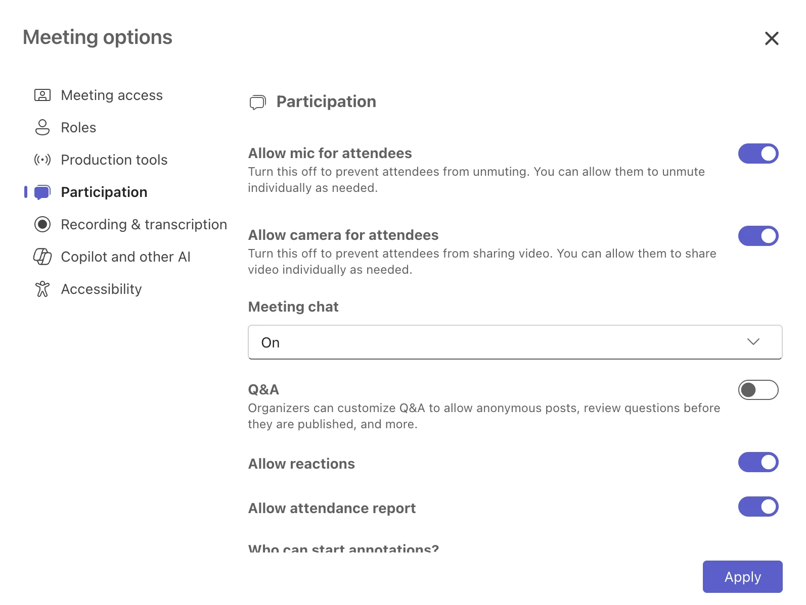 Configuring Q&A, mic and camera settings