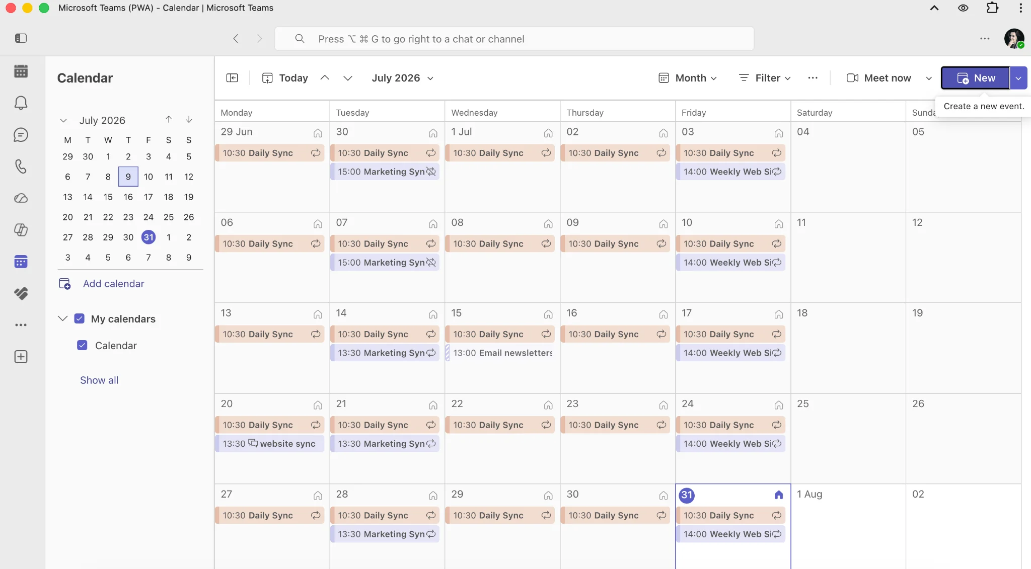 Navigating to the New meeting button in Teams