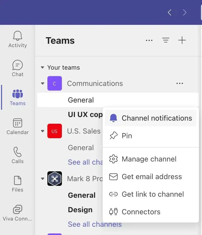 Channel notifications settings in Microsoft Teams