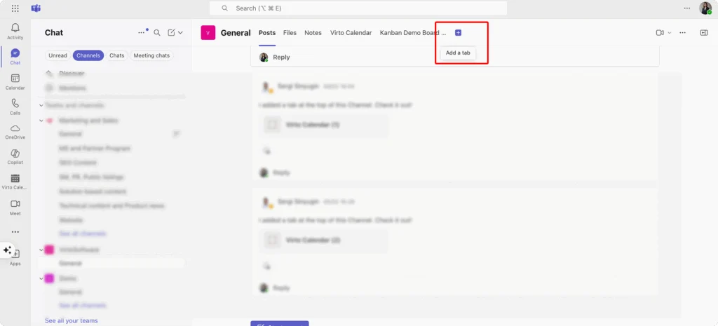Adding a channel tab in Microsoft Teams