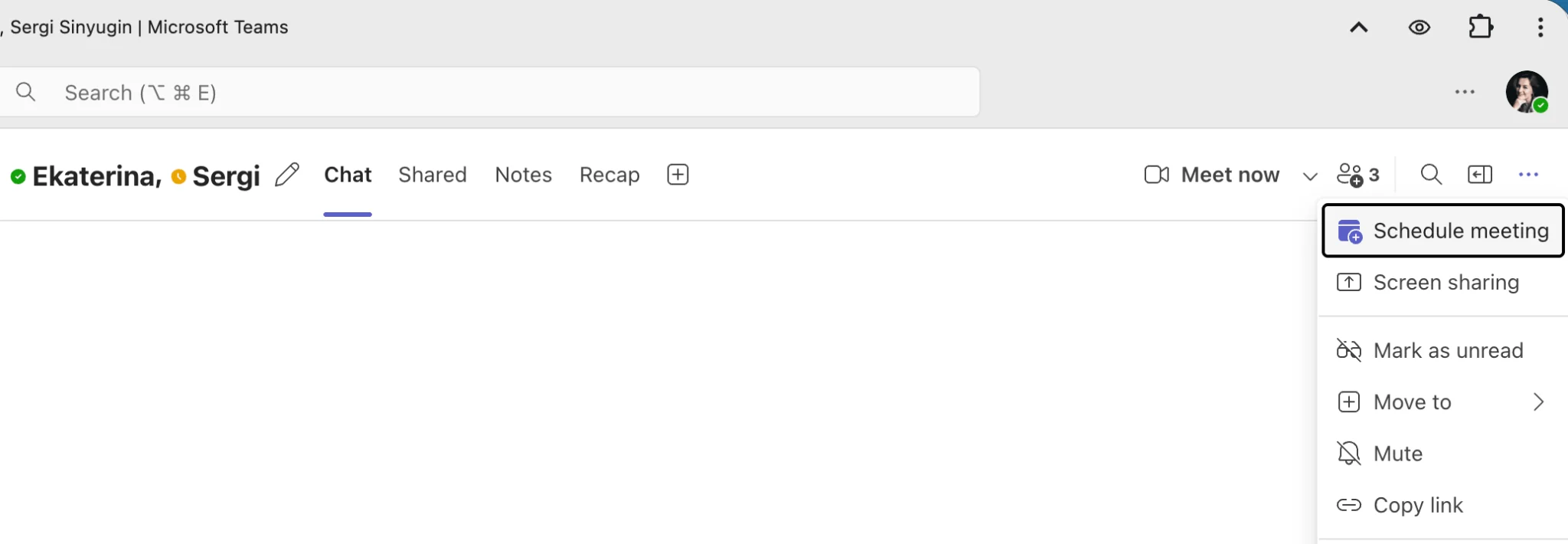 Navigating to “Schedule meeting” within a Teams chat