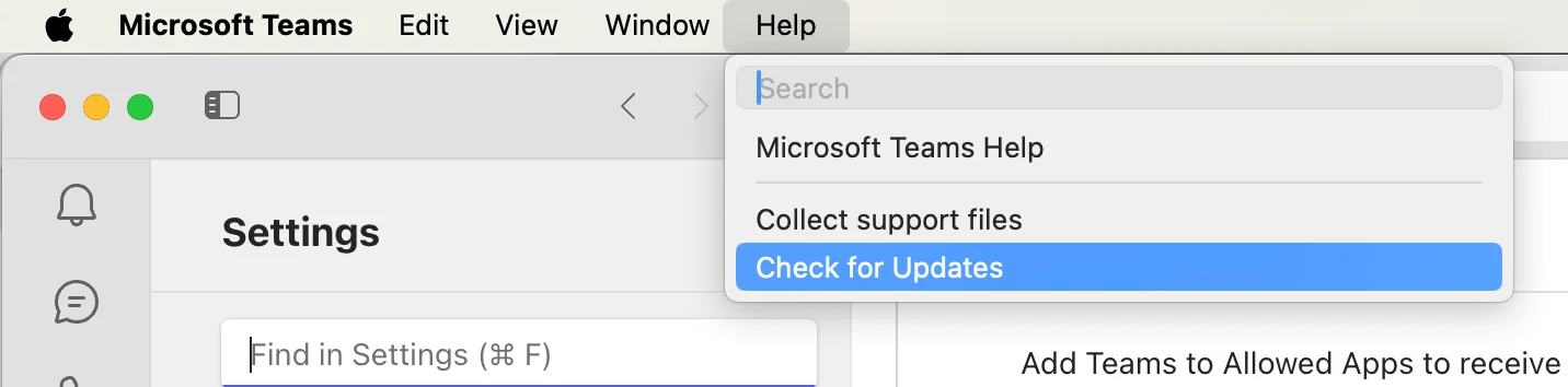 Checking Microsoft Teams for updates on Mac