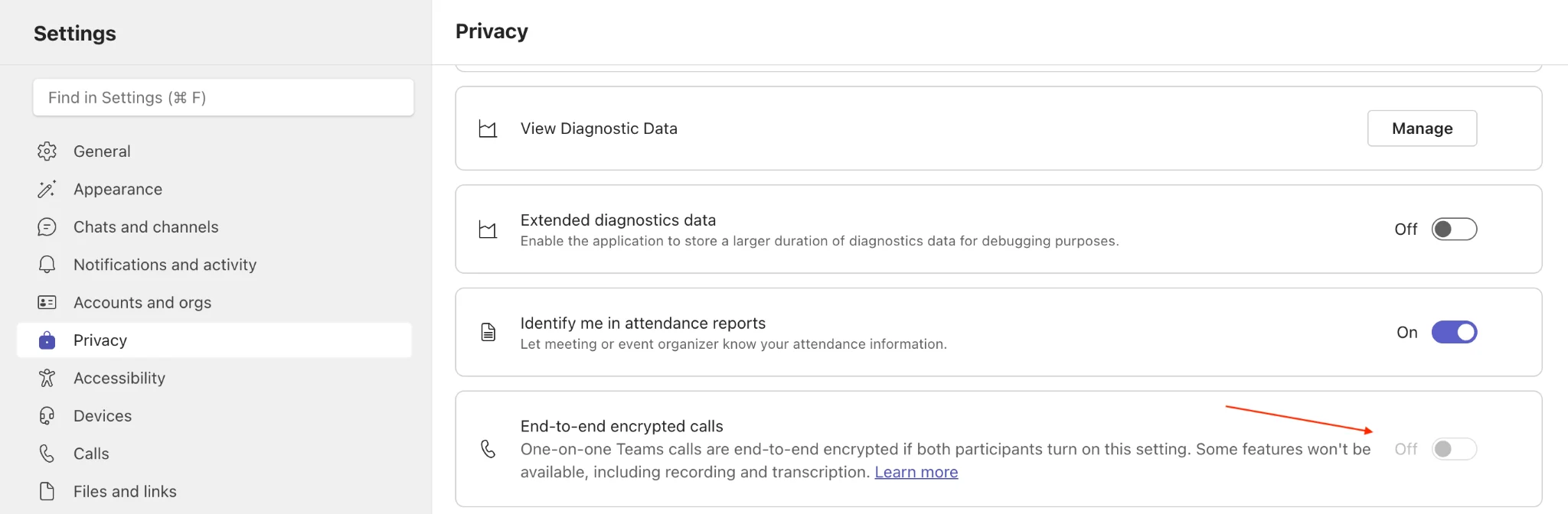 End-to-end encrypted calls toggle in Privacy settings