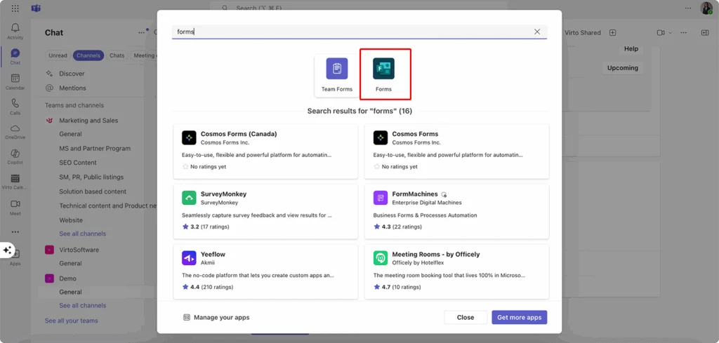 Selecting Forms from available options in Teams