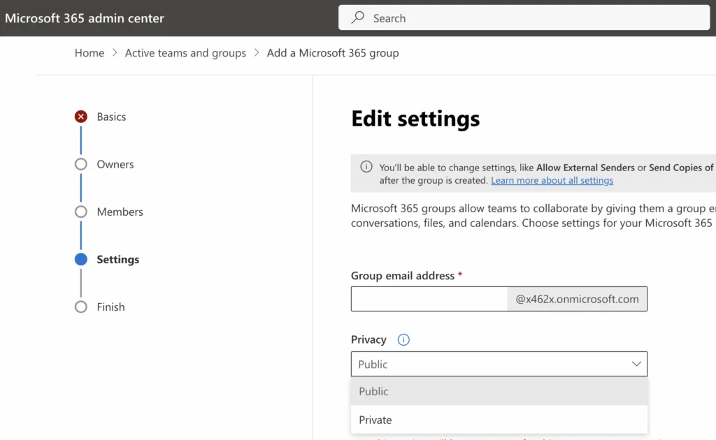 Microsoft 365 admin center — Teams & groups settings
