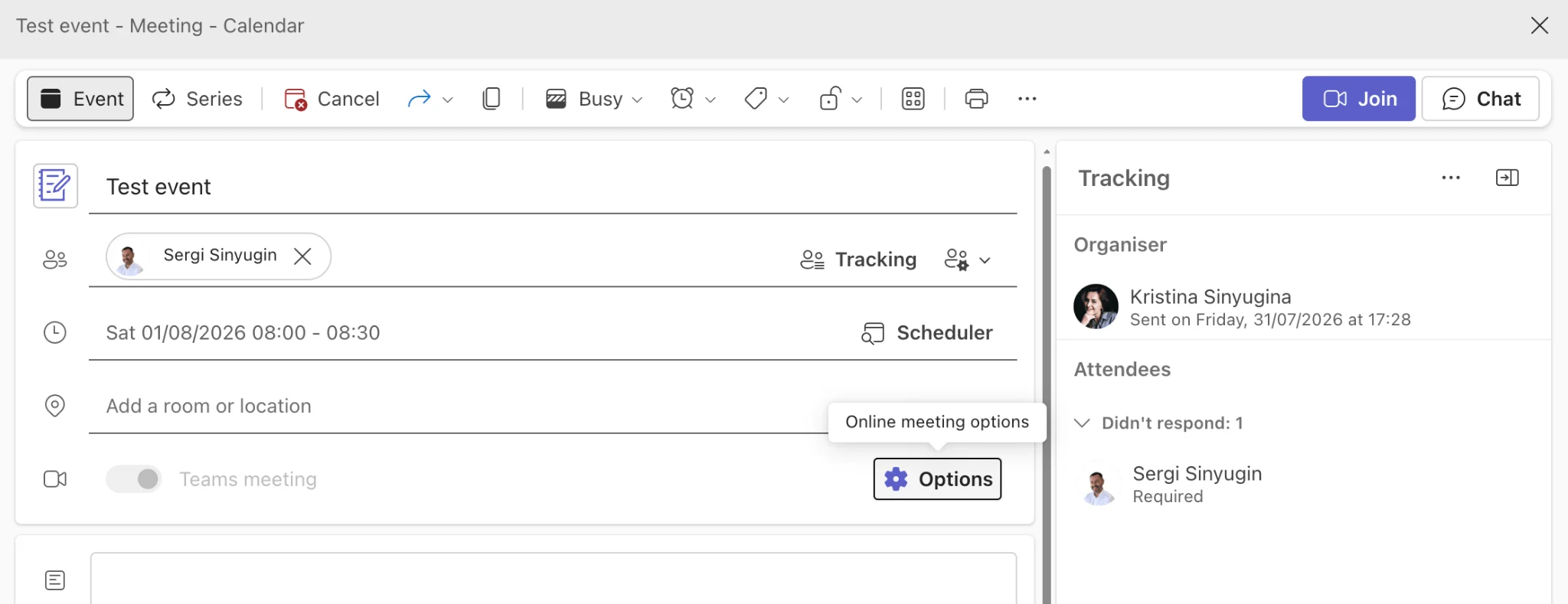 Online meeting options button