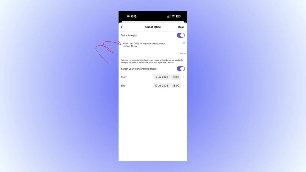 Configuring out of office message in Microsoft Teams mobile