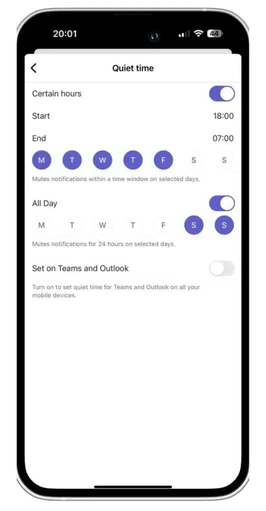 Setting quiet time for Teams on mobile