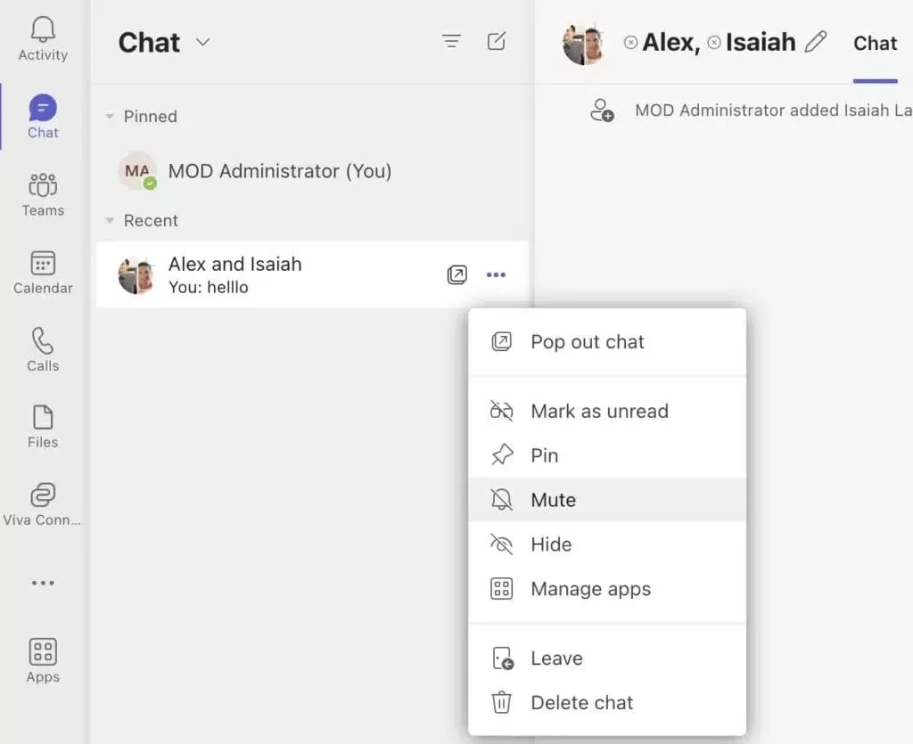 Muting a chat in Microsoft Teams