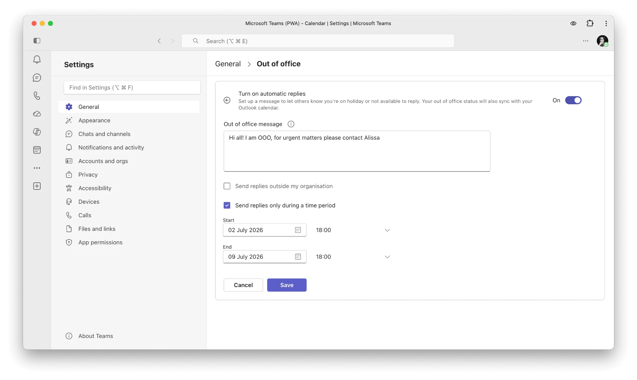 Configuring out of office message and dates in Microsoft Teams