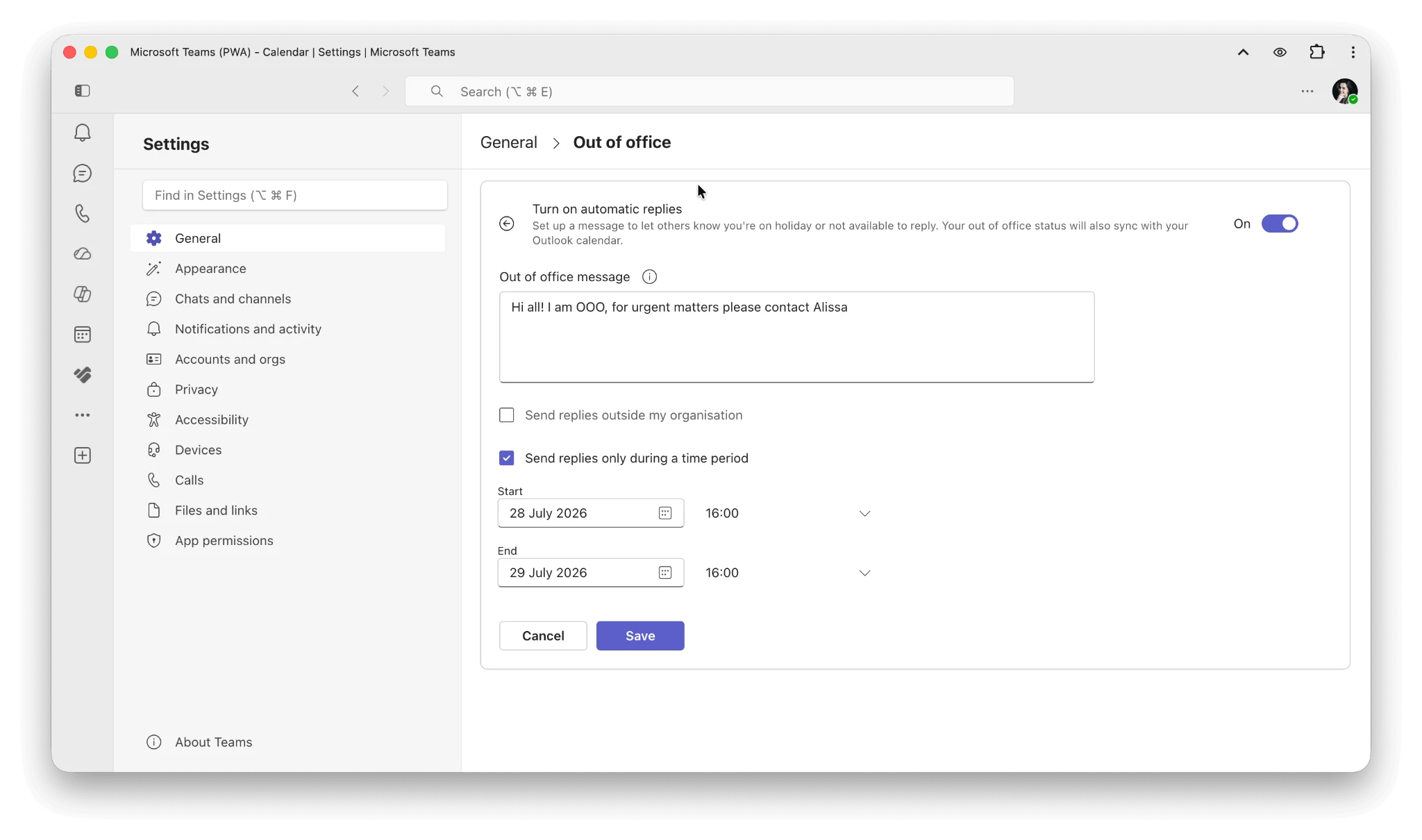 Customizing out-of-office message in Teams