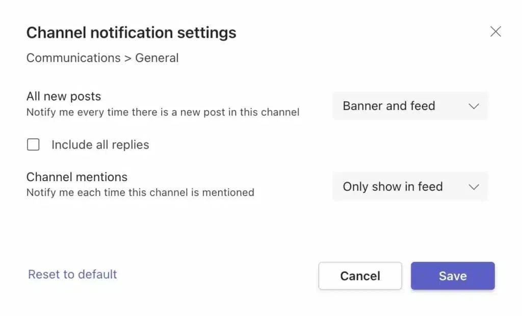 Channel notification settings in Teams