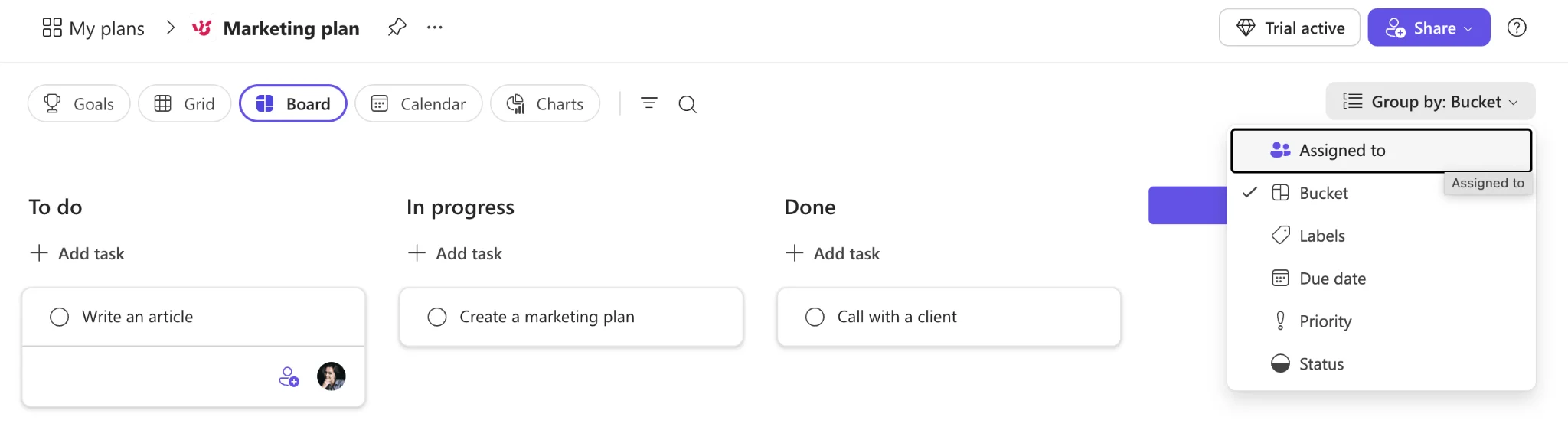 Grouping tasks by bucket or other criteria