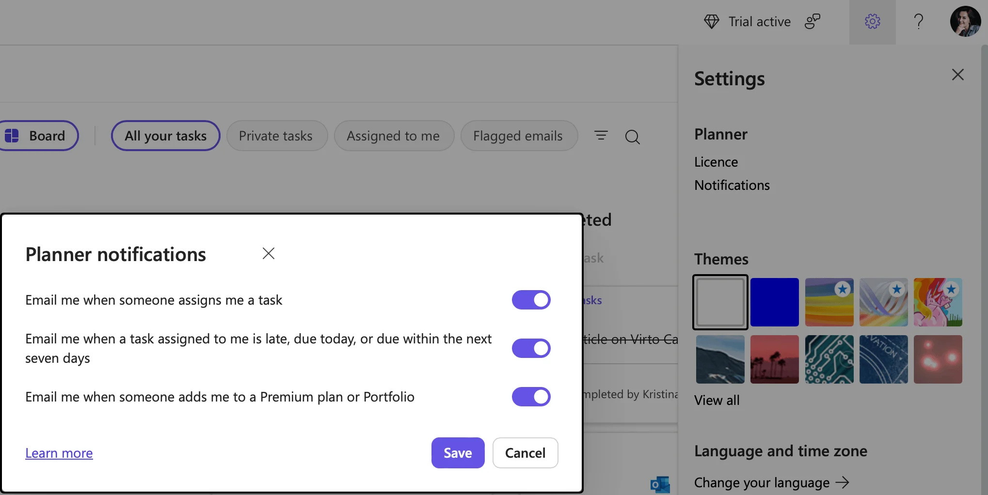 Adjusting notification settings for Planner