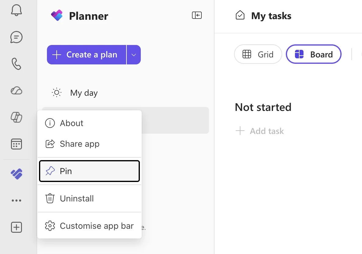 Pinning Planner to Teams sidebar