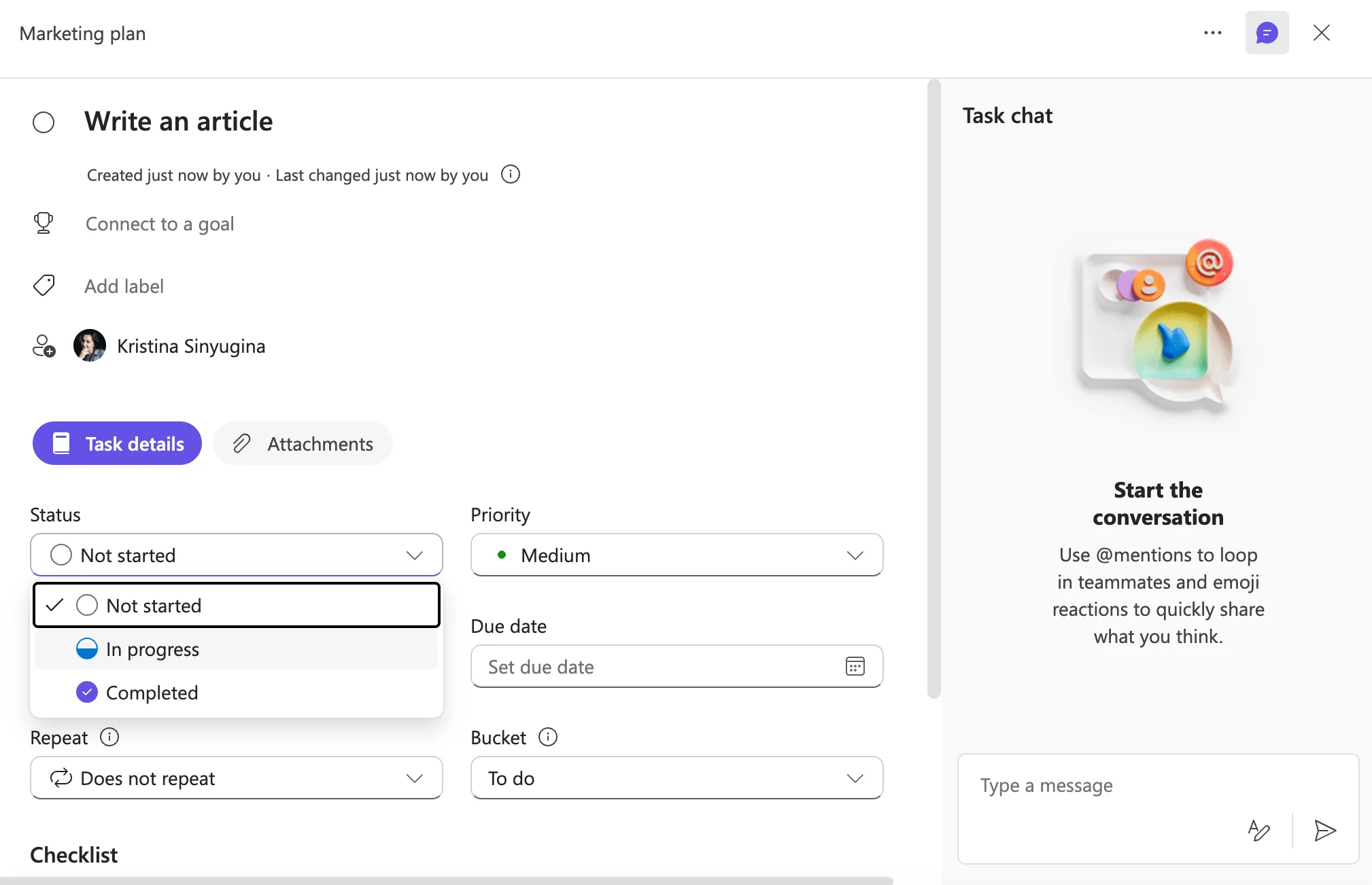 Changing progress status on a task