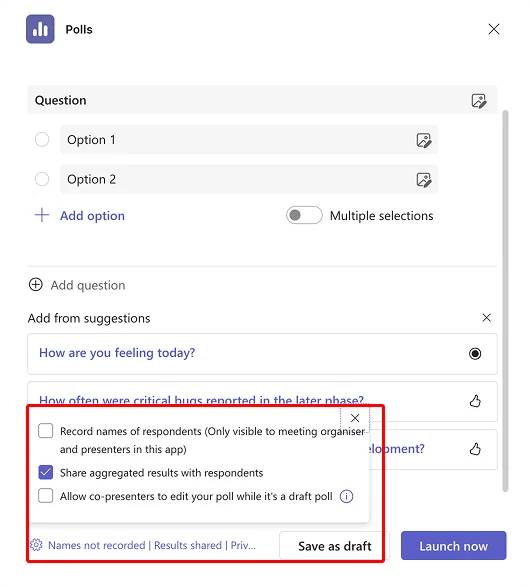 Poll visibility settings when creating a poll in a meeting