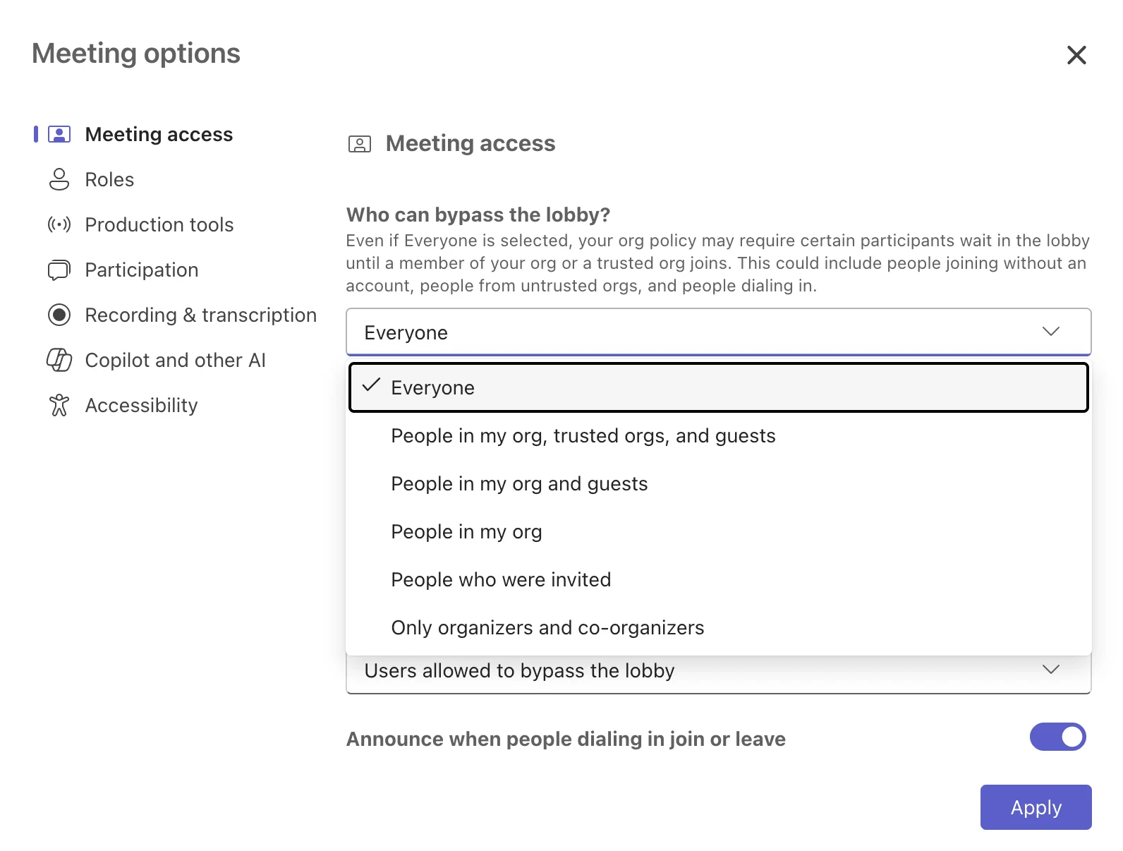 Deciding who can present in meeting options