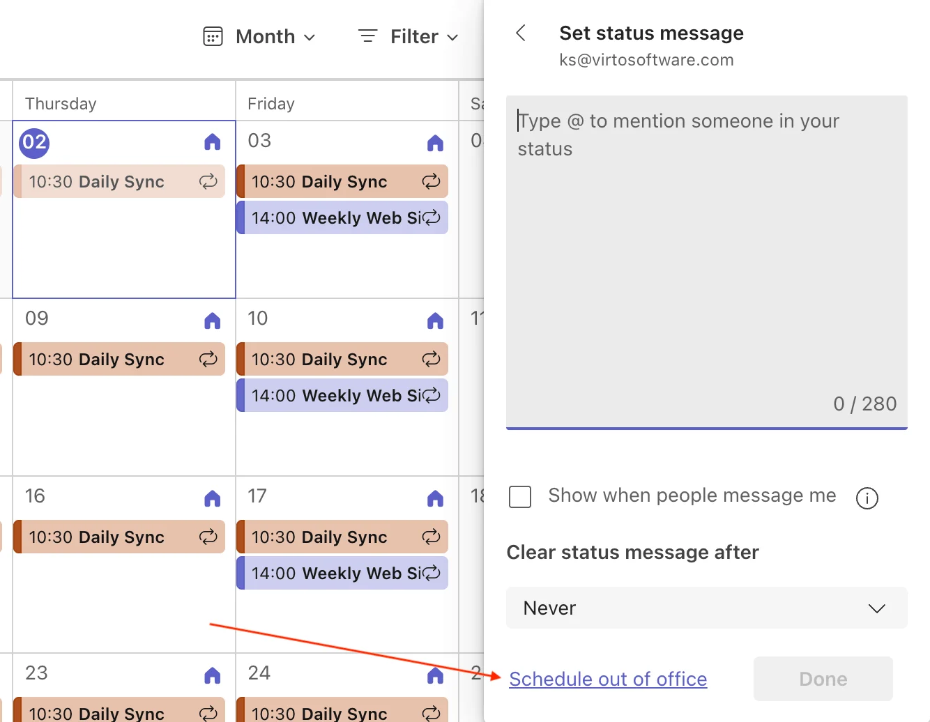 Navigating to Schedule out of office in Microsoft Teams