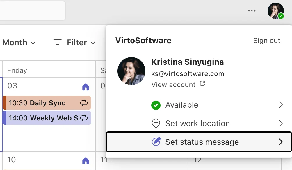 Locating Set status message in Microsoft Teams