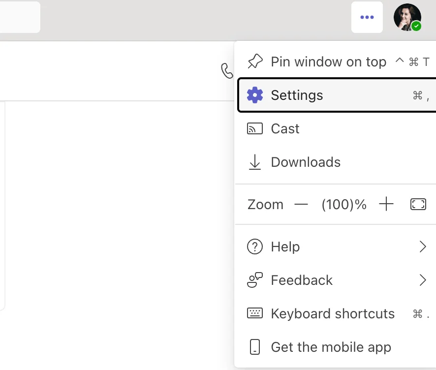 Teams settings menu accessed via ellipsis