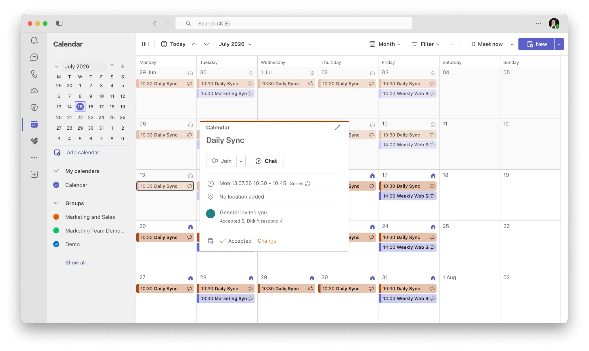 Recurring Teams stand-up scheduled from Outlook