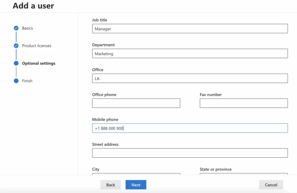 Filling in user information in the Microsoft 365 admin center