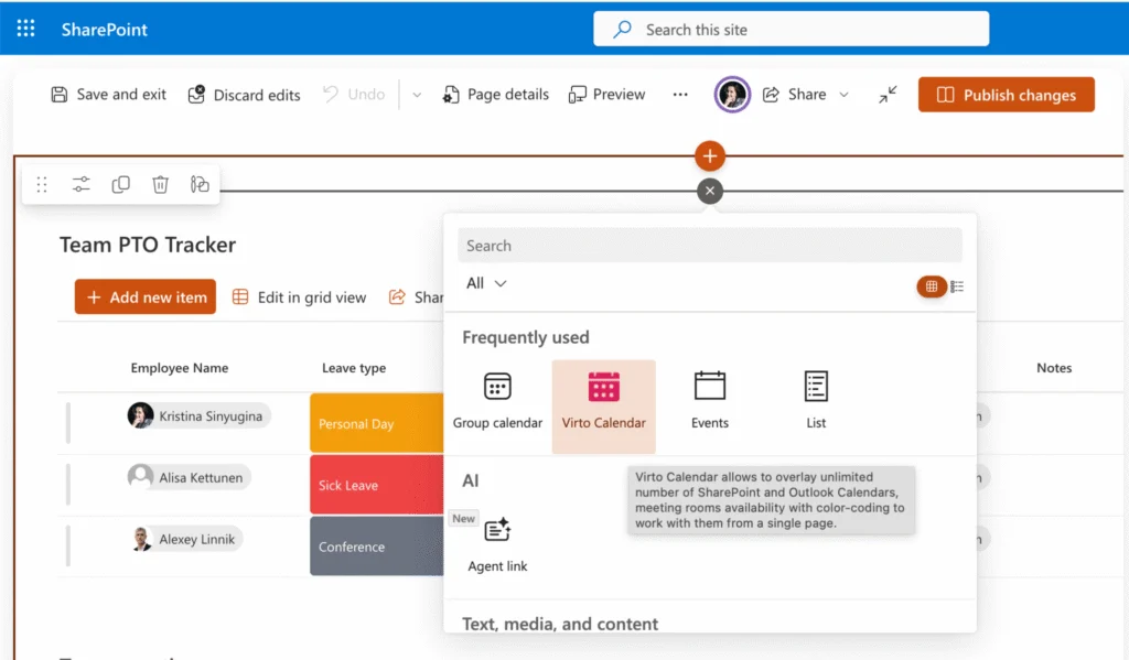 Adding Virto Calendar App web part to SharePoint