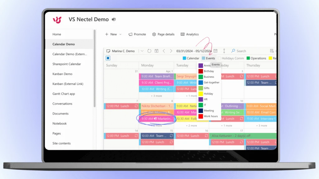 Virto Calendar App with color-coded data sources