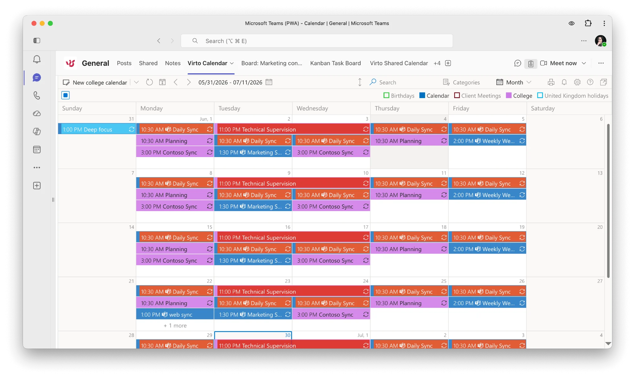 Virto Calendar App overlaying multiple calendar sources in a single colour-coded project view