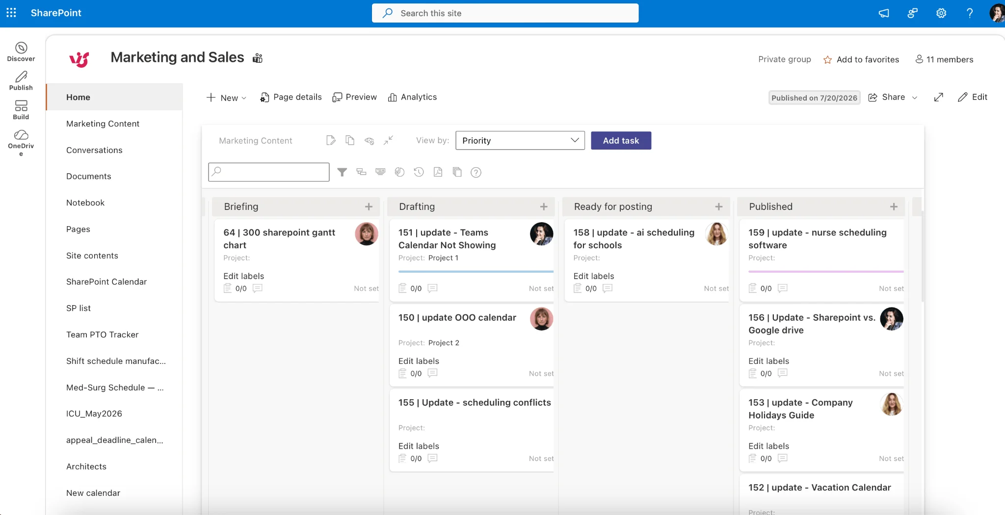 Virto Calendar App overlaying multiple calendars on a SharePoint intranet homepage