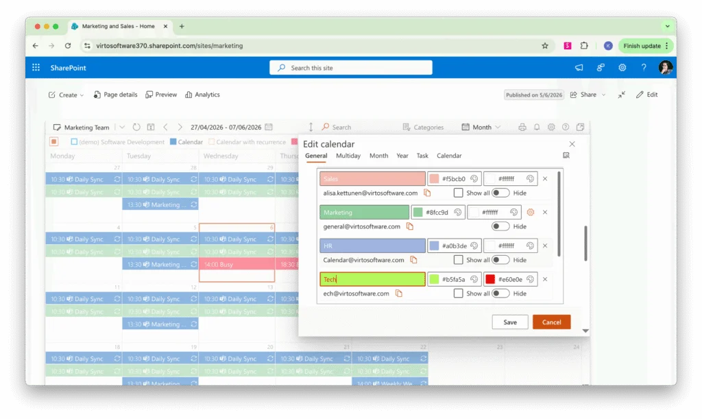 Virto Calendar color picker for data source assignment