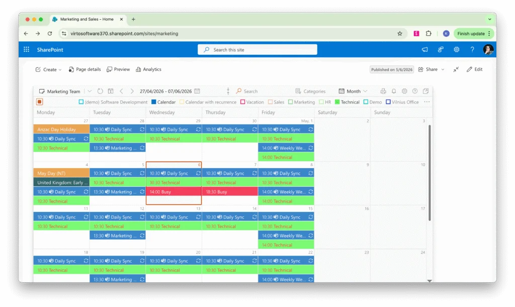 Virto Calendar App color-coded calendar with legend