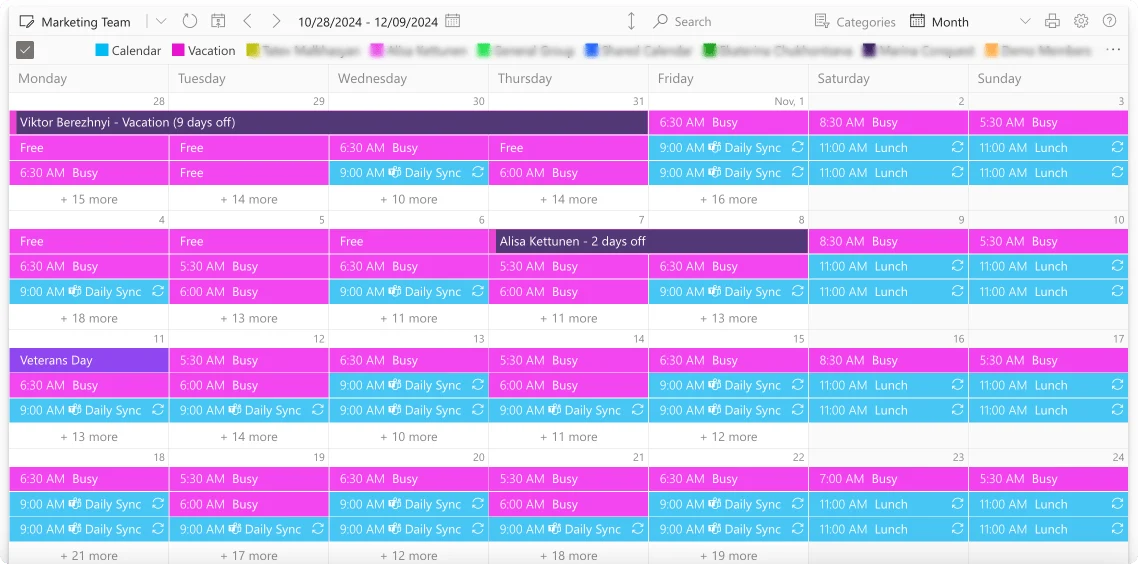 Sample monthly Virto Calendar overlaid view