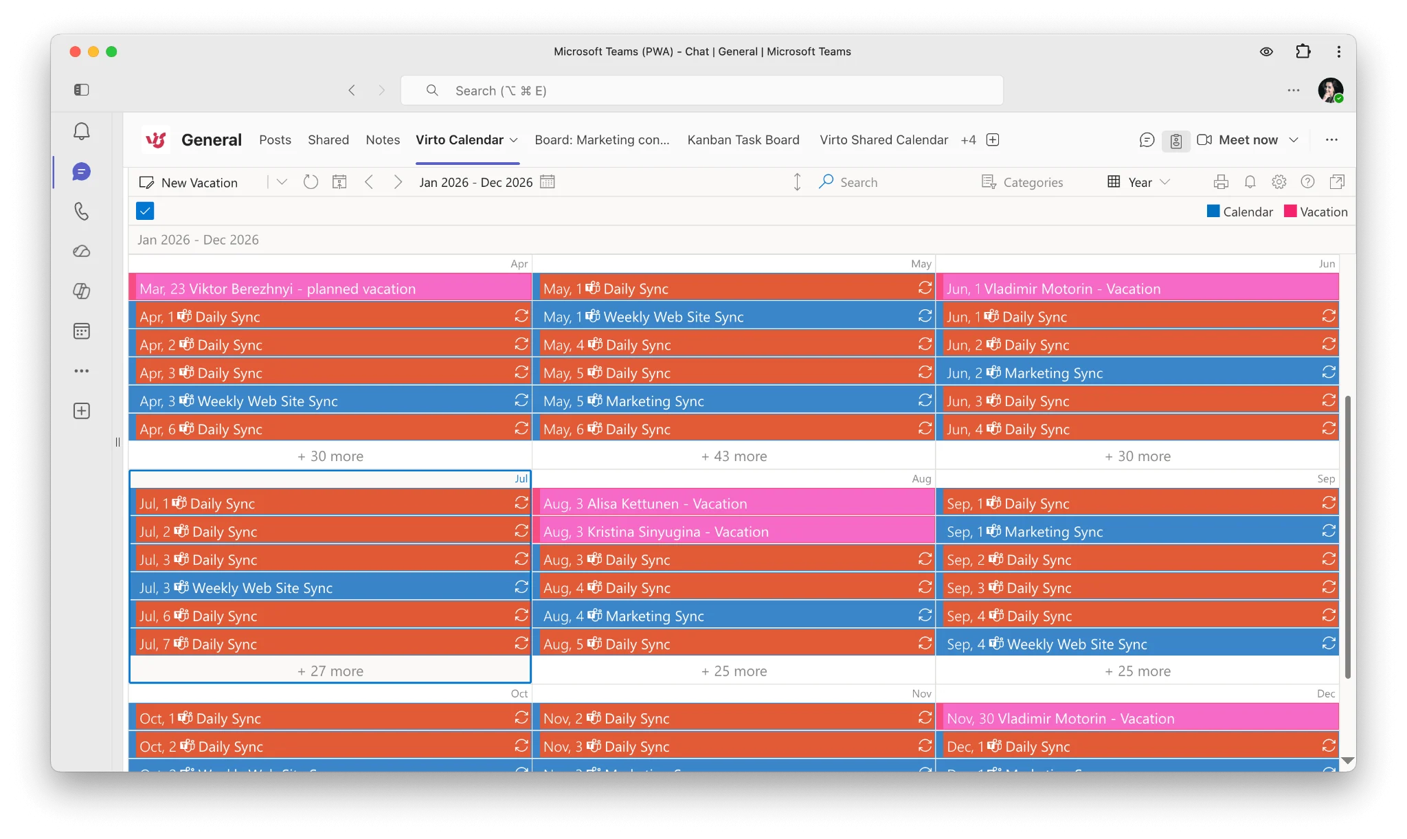 Virto Calendar App overlaying multiple color-coded sources