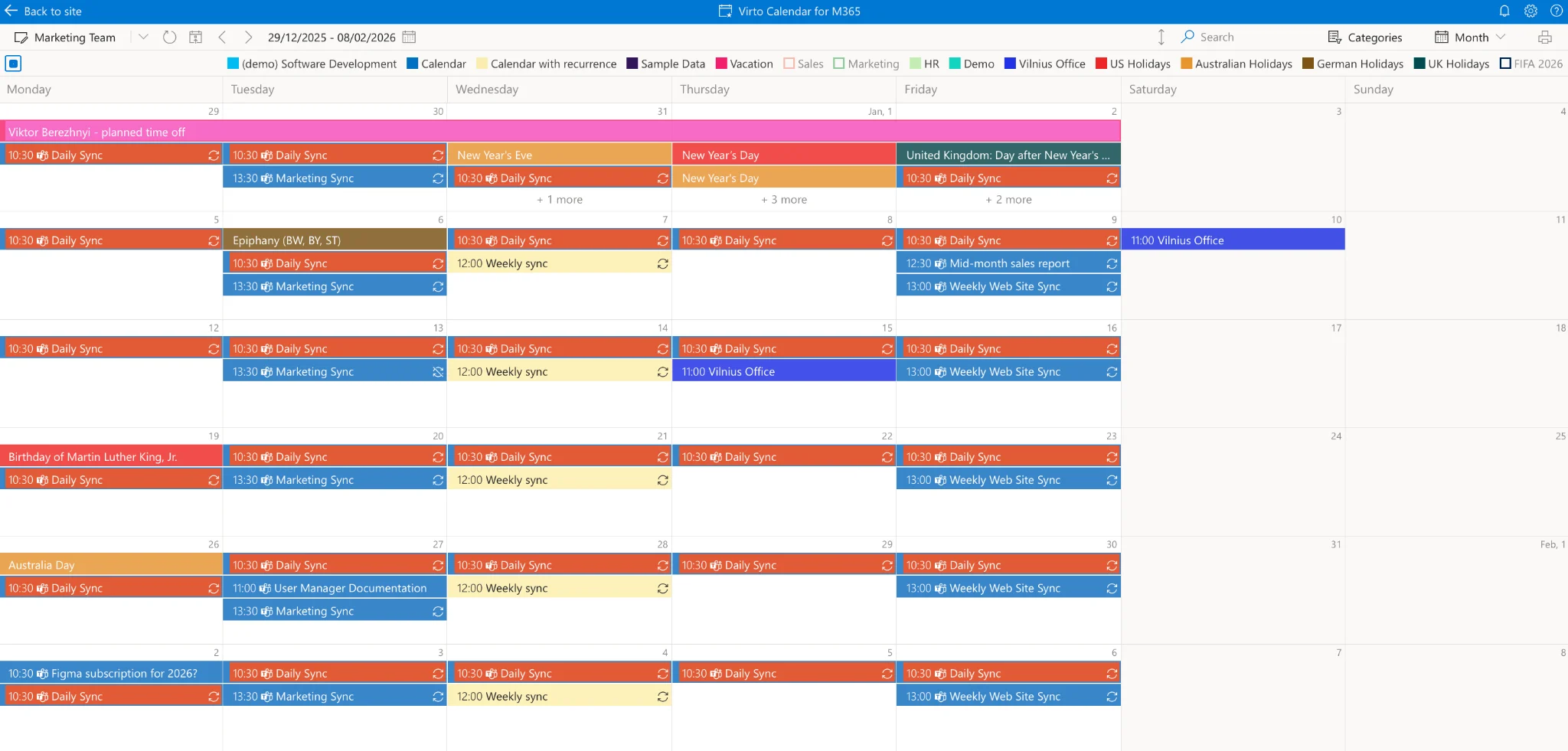 Virto Calendar App overlaying multiple project calendars