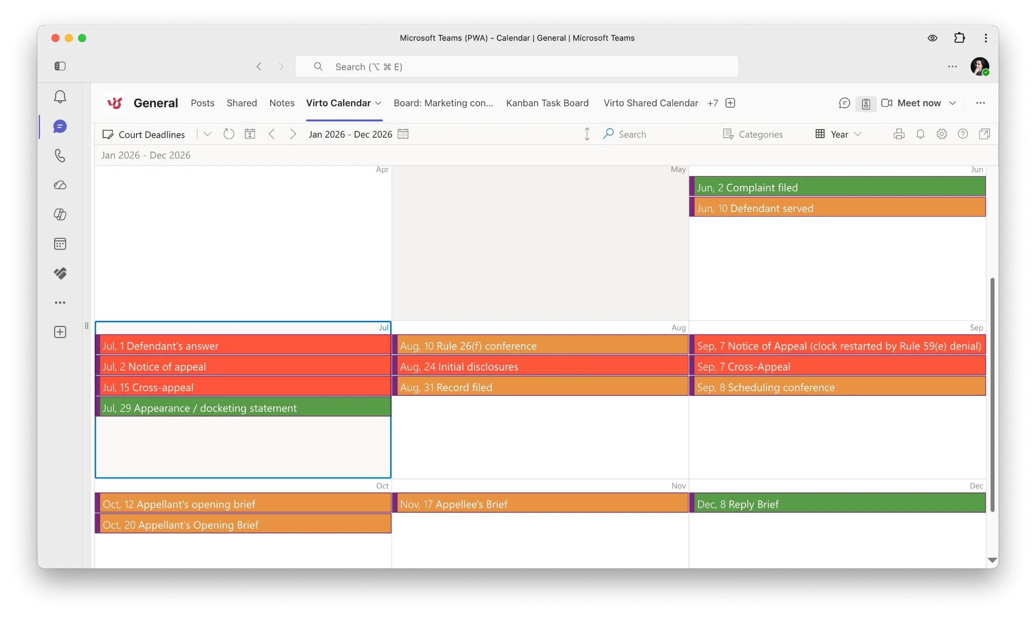 Virto Calendar overlaying project deadlines in monthly view