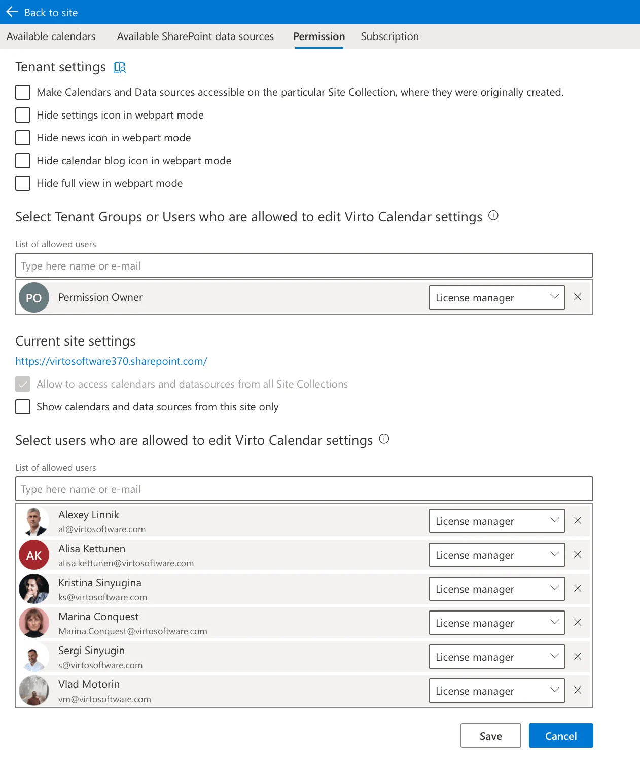 Assigning Virto Calendar role permissions settings
