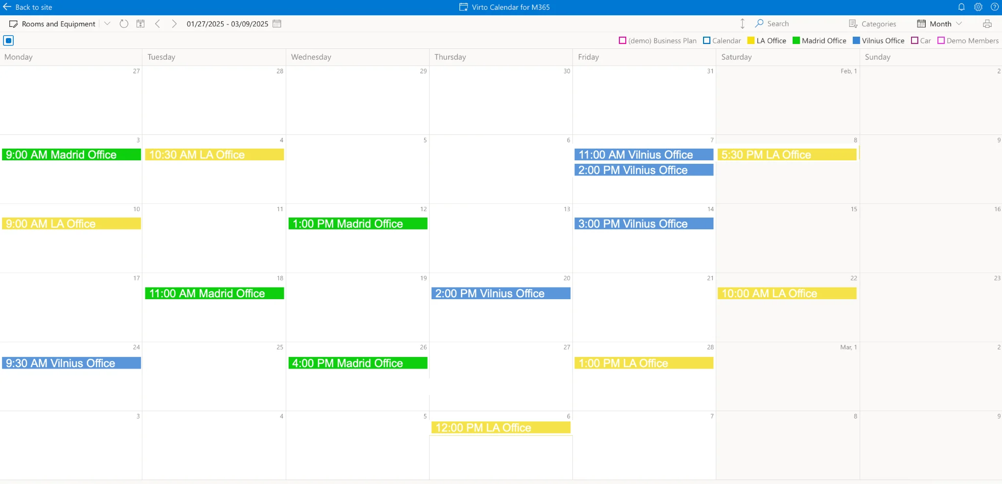 Virto Calendar App overlaying multiple meeting room calendars in SharePoint