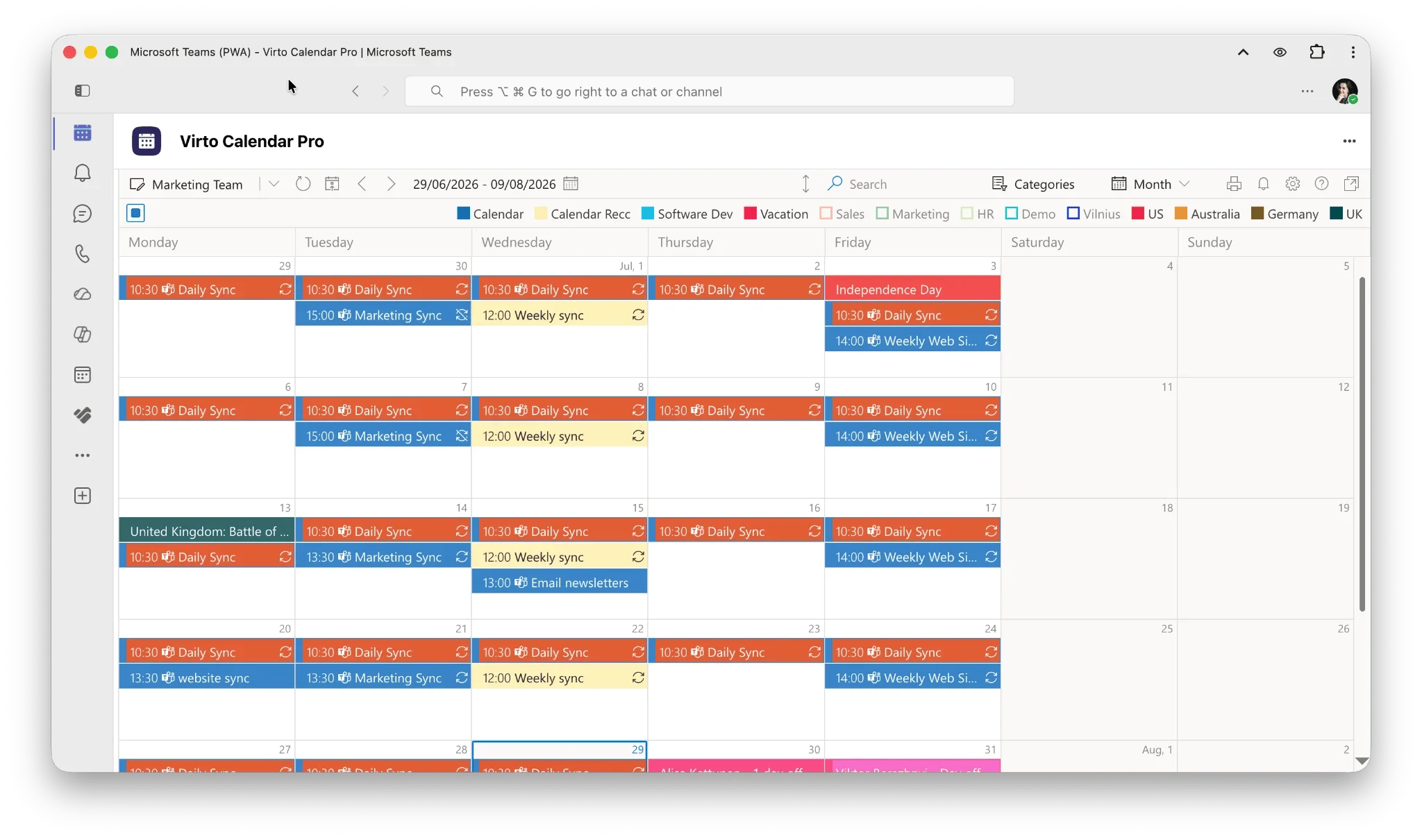 Virto Calendar app displayed within Microsoft Teams