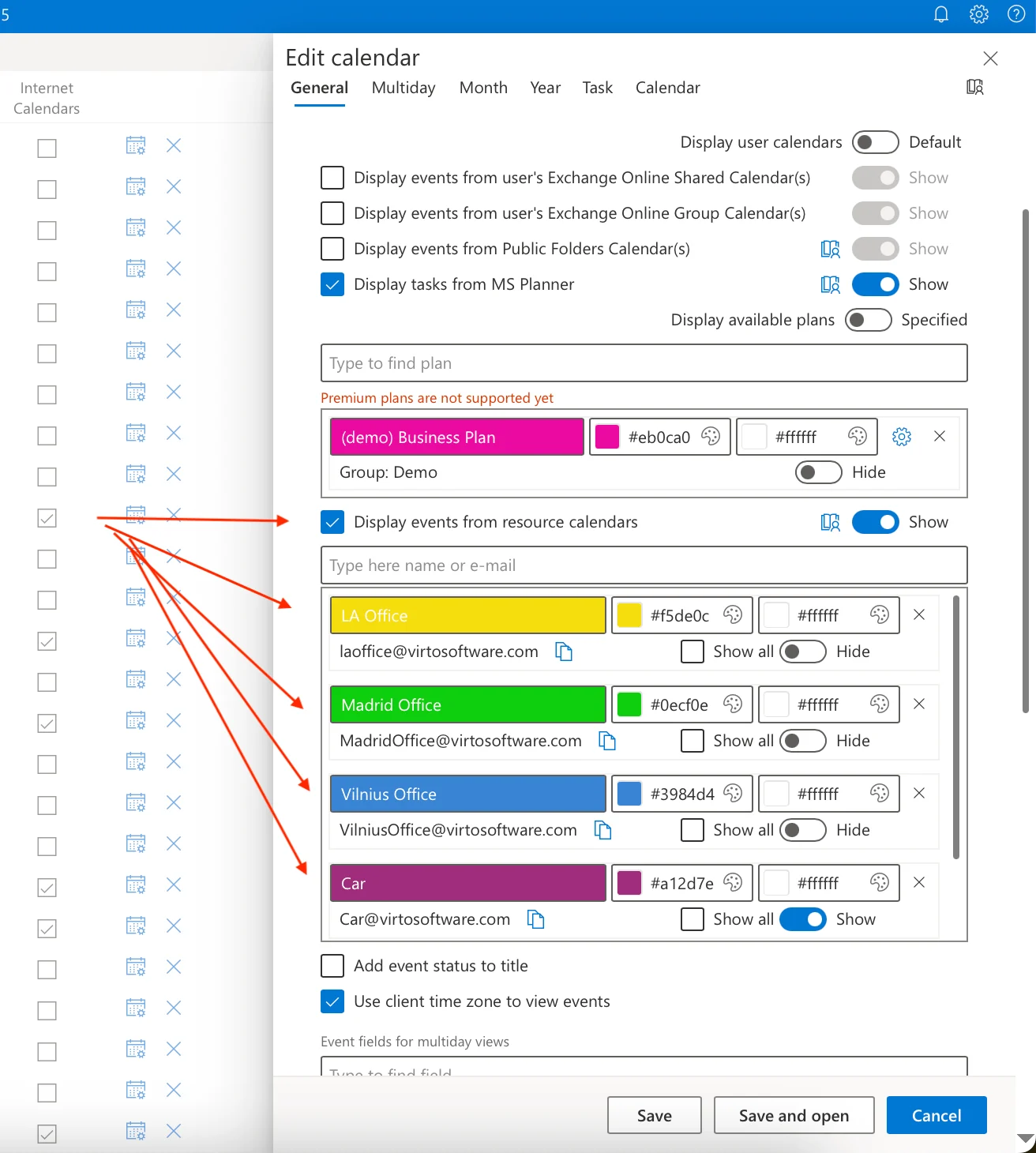 Adding Exchange room mailboxes in Virto Calendar App settings