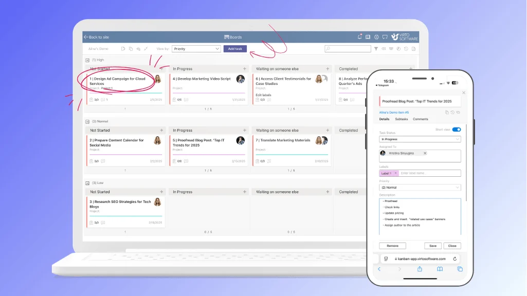 Virto Kanban Board App interface with swimlanes