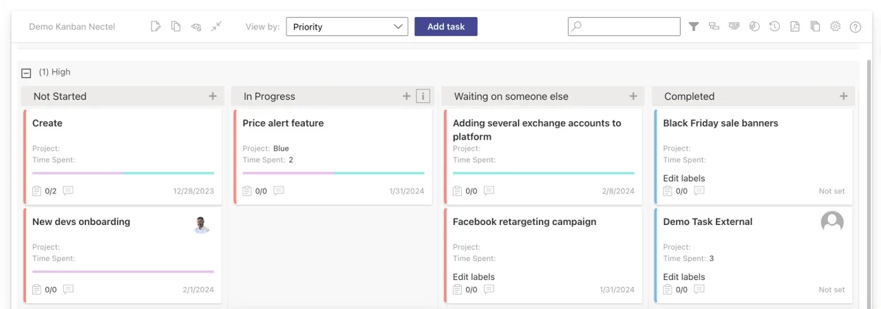 Virto Kanban Board with drag-and-drop cards and swimlanes