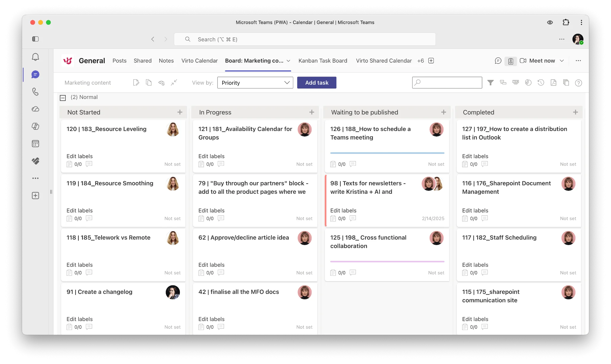 Virto Kanban Board running in Microsoft Teams
